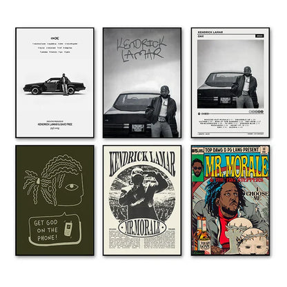 Set of six framed kendrick lamar hip hop rapper-themed canvas painting wall art with black-and-white and colorful designs