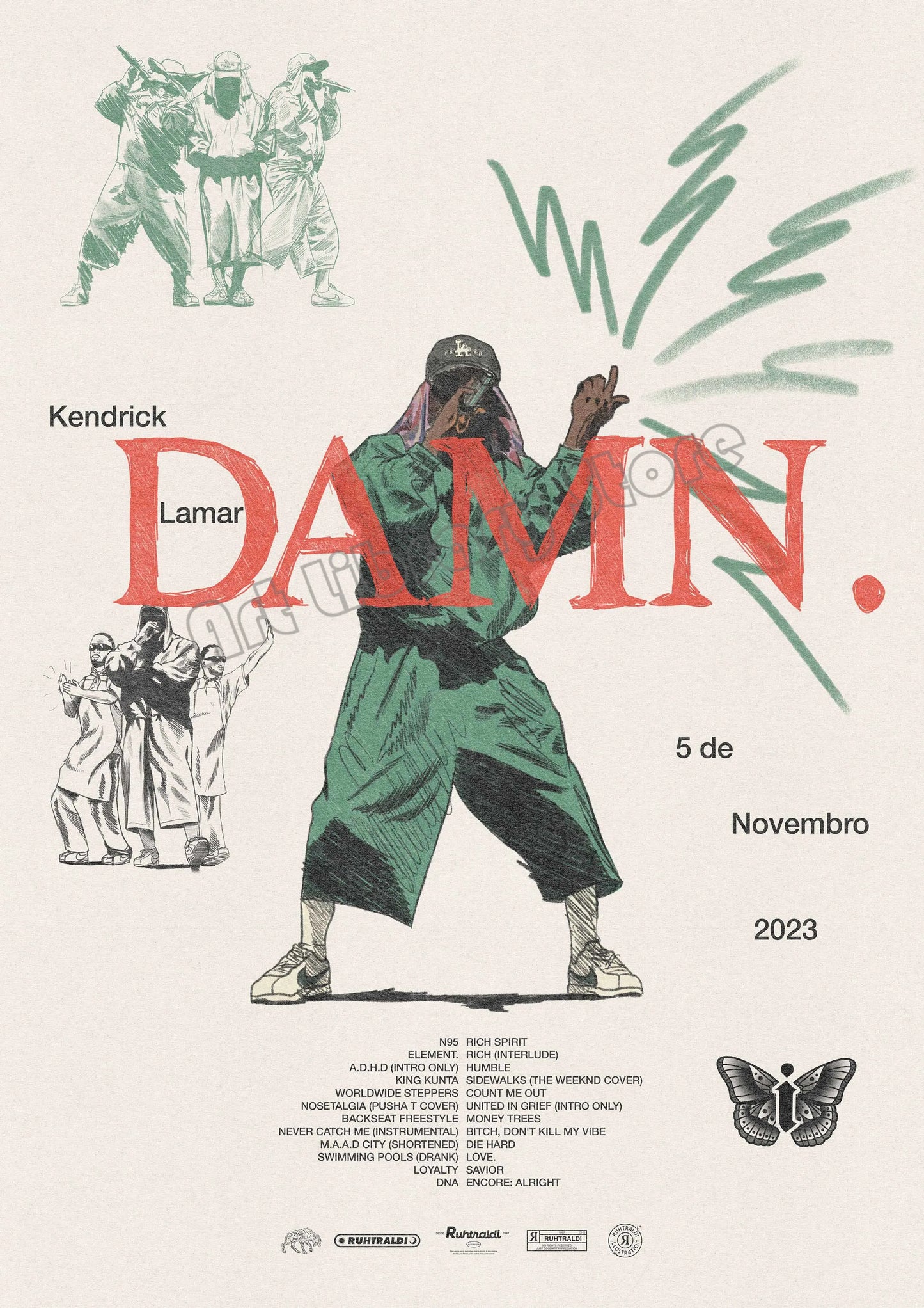 Stylized canvas painting wall art of hip hop rapper kendrick lamar in green with bold red damn text for music album anime fans gift