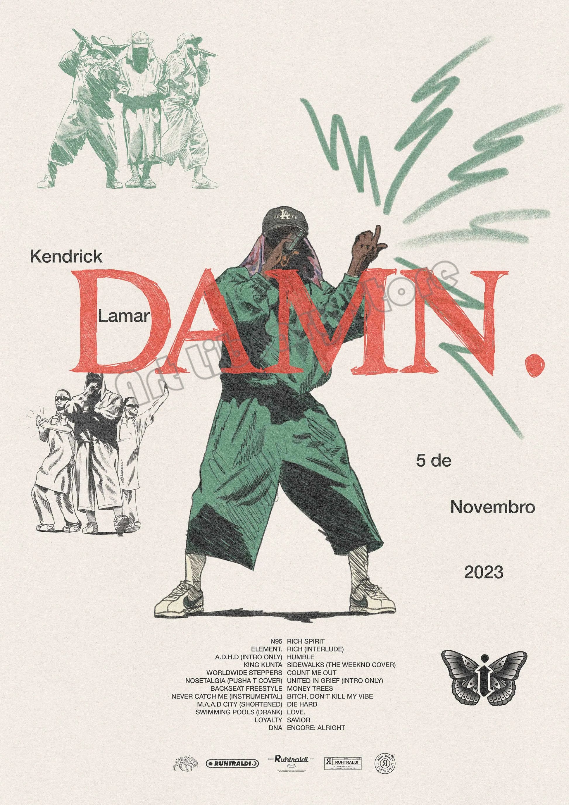 Stylized canvas painting wall art of hip hop rapper kendrick lamar in green with bold red damn text for music album anime fans gift