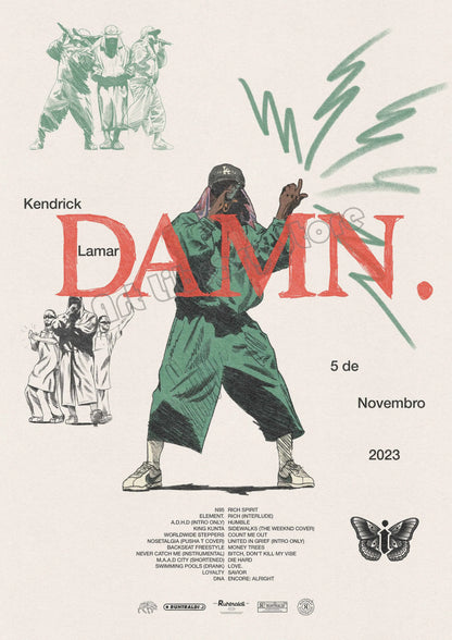 Stylized canvas painting wall art of hip hop rapper kendrick lamar in green with bold red damn text for music album anime fans gift