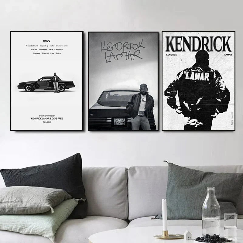 Three black and white hip hop rapper kendrick lamar canvas painting wall art posters featuring music album anime designs