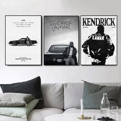 Three black and white hip hop rapper kendrick lamar canvas painting wall art posters featuring music album anime designs