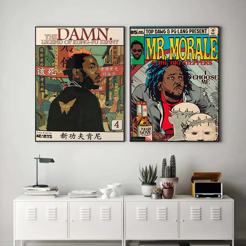 Two framed comic-style canvas painting wall art posters of hip hop rapper kendrick lamar music album anime decor