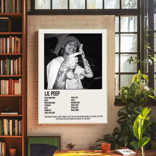 Black and white framed lil peep poster with white border showing song titles and lyrics on retro kraft paper sticker