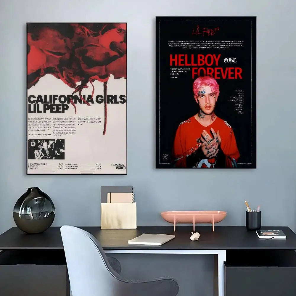 Black-framed hip hop rapper lil album peep poster with pink hair and orange shirt for diy room bar decor