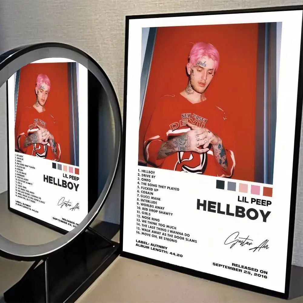 A framed hip hop rapper lil album peep poster in red jersey on kraft paper for diy room bar wall decoration