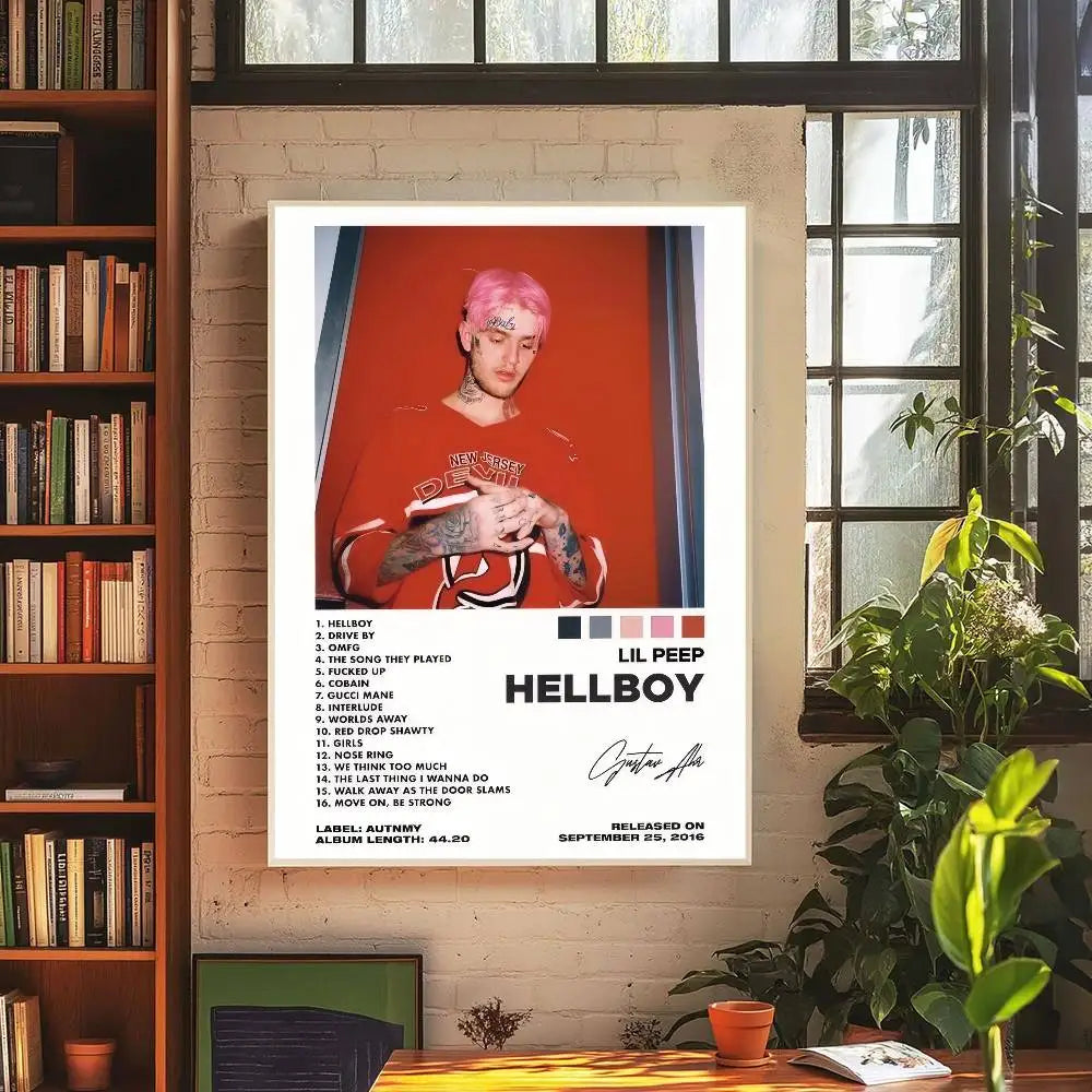 A framed hip hop rapper lil album peep poster in red sweatshirt with hellboy tracklist on retro kraft paper for diy room bar