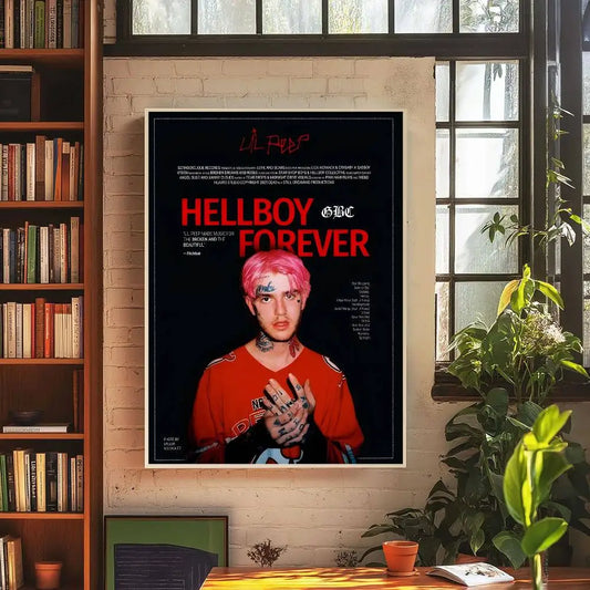 A framed hip hop rapper lil album peep art poster retro featuring him in a red shirt with pink hair on kraft paper