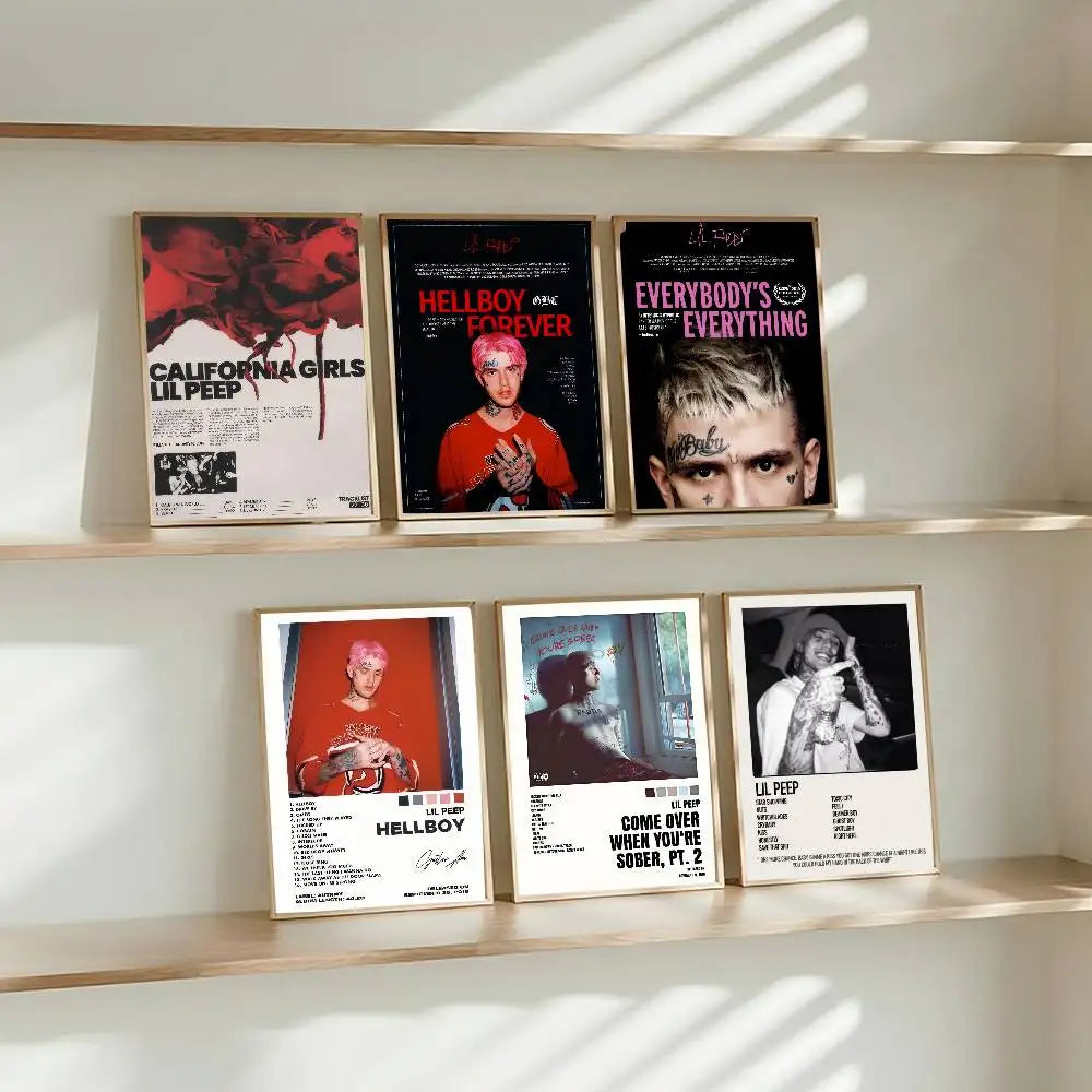 Set of six framed hip hop rapper lil album peep art poster retro prints with vibrant and monochrome designs on shelf