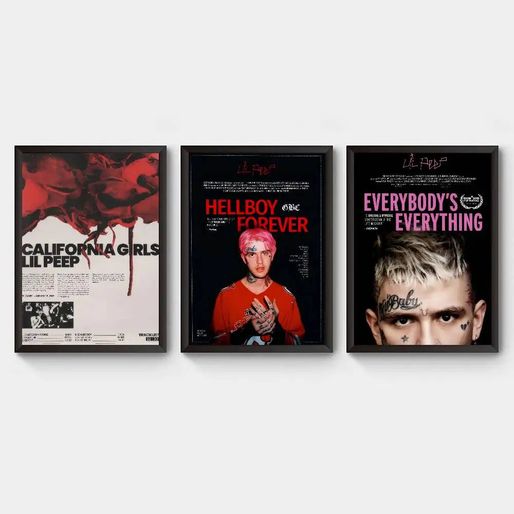 Three black framed hip hop rapper lil album peep art poster retro with red and pink text on dark backgrounds