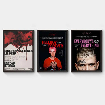 Three black framed hip hop rapper lil album peep art poster retro with red and pink text on dark backgrounds