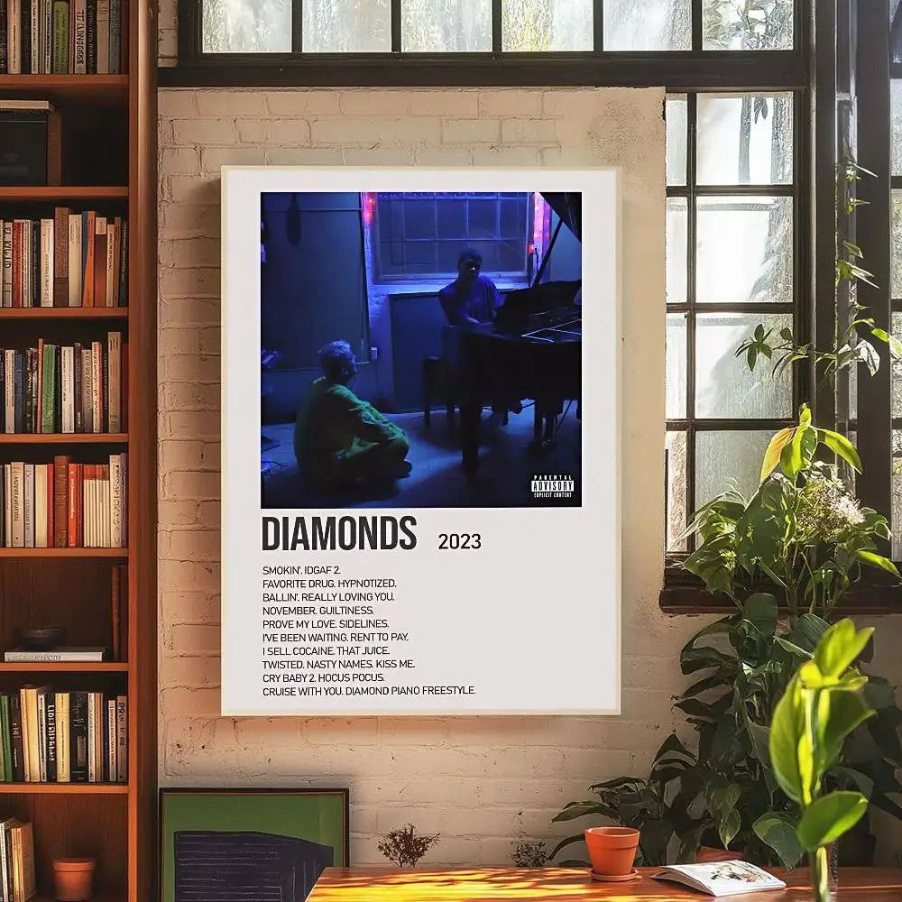 White-framed hip hop rapper lil album peep diy room bar poster with moody blue piano photo and lyrics on kraft paper sticker