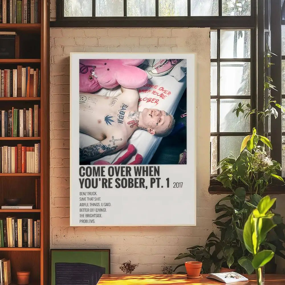 White-framed art poster retro featuring pink plush toy and tattooed person from hip hop rapper lil album peep collection