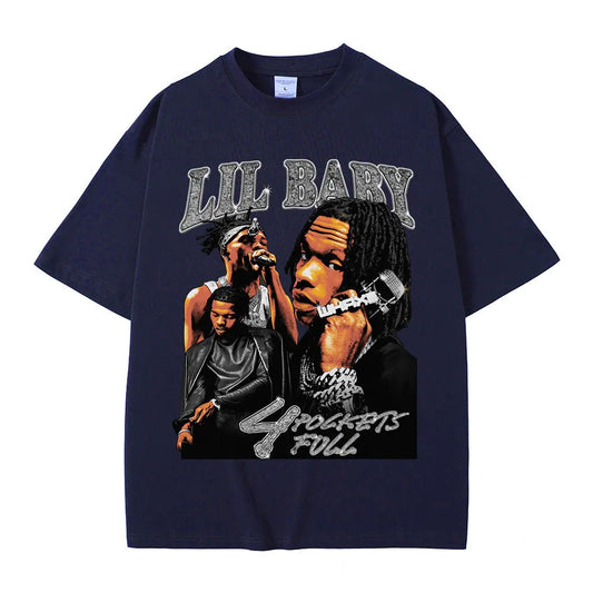 Navy blue oversized 100% cotton vintage graphic tee featuring rapper lil baby silver glitter text unisex harajuku streetwear