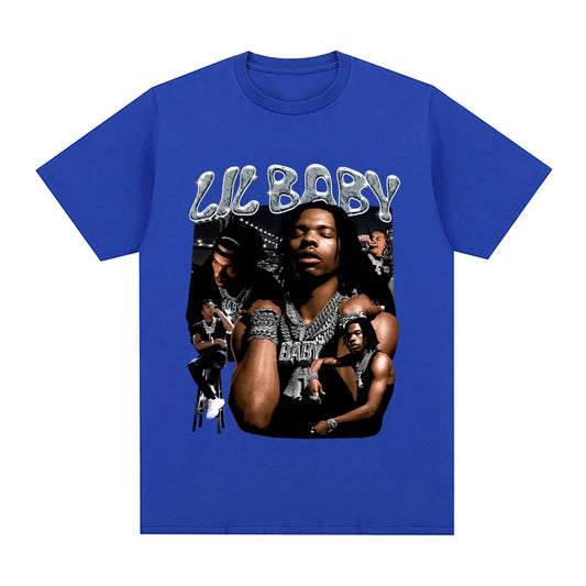 Royal blue cotton oversized t shirt with vintage hip hop rapper Lil Baby graphic and silver glitter lettering