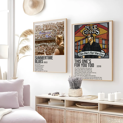 Two framed posters featuring a zach bryan poster and hip hop rapper music album art ideal for home or bar decor