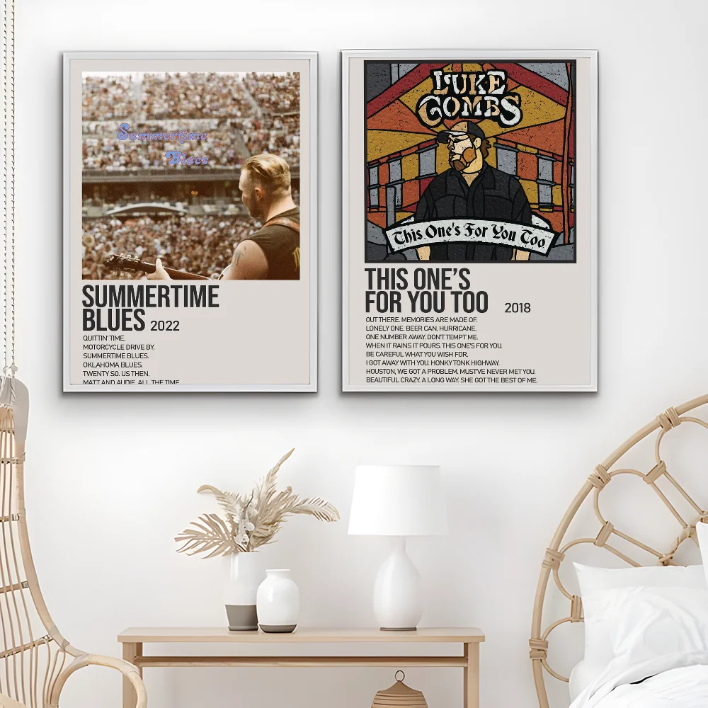 Two framed music posters featuring luke combs with sepia and illustrated designs, including a zach bryan poster wall art print
