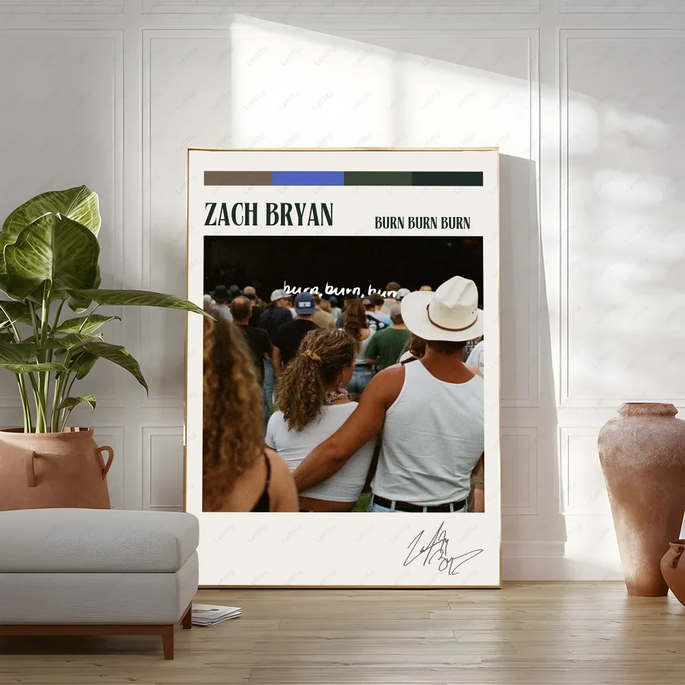 A framed zach bryan poster featuring burn burn burn album with white text on black and beige for rapper music album decor