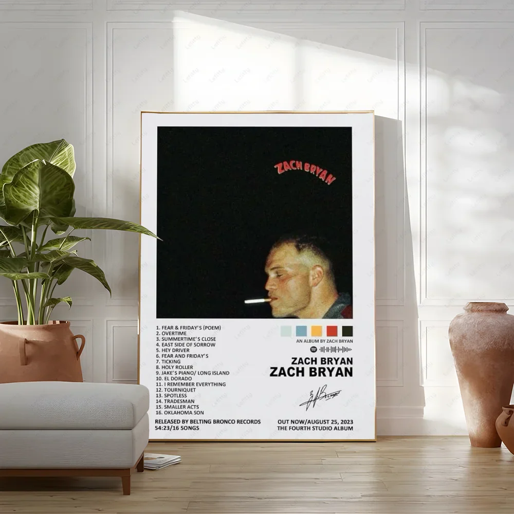 Zach Bryan poster with black background red text and white border frame hip hop rapper music album wall art print