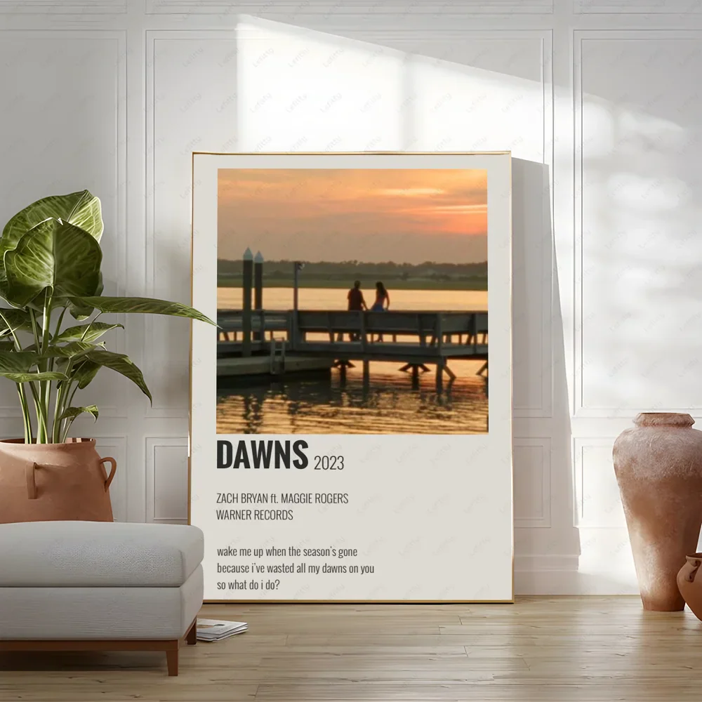 A framed zach bryan poster featuring a serene sunset dock scene in warm tones for rapper music album wall art