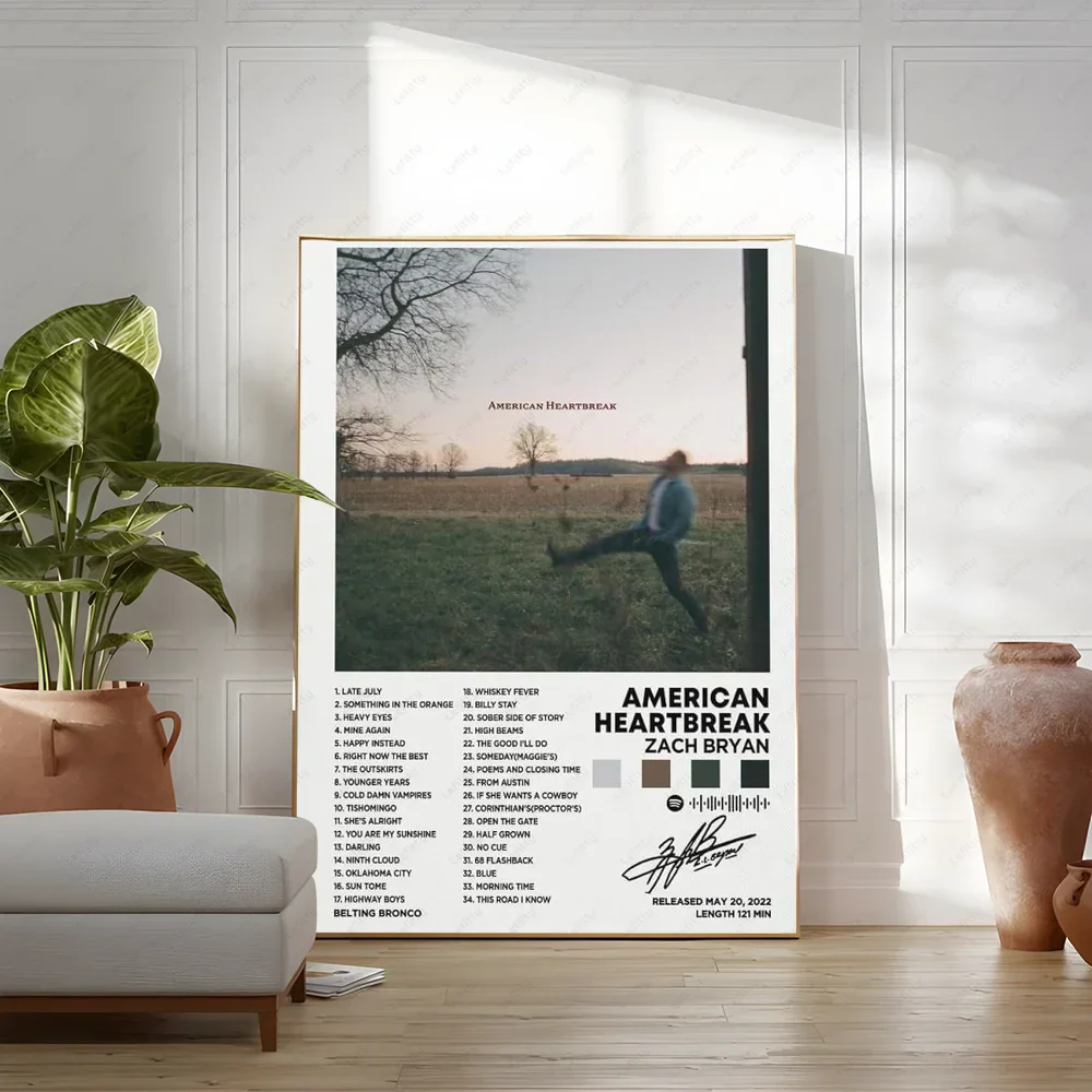 A framed zach bryan poster featuring american heartbreak album artwork and track listing for hip hop rapper music album decor