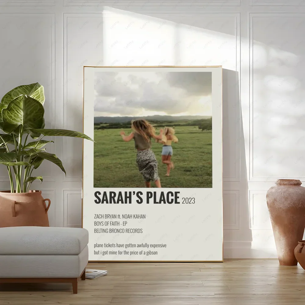 A framed zach bryan poster with white border featuring two people running and text for hip hop rapper music album