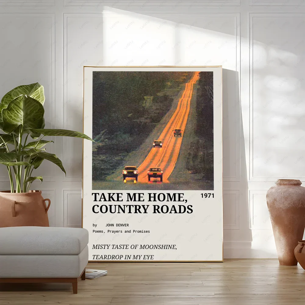 A framed zach bryan poster featuring vintage orange road scene and song text suitable as rapper music album wall art