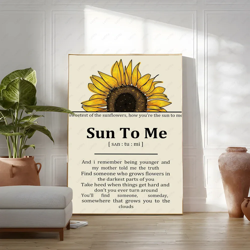 A cream canvas print featuring a yellow sunflower and lyrics from zach bryan poster hip hop rapper music album wall art