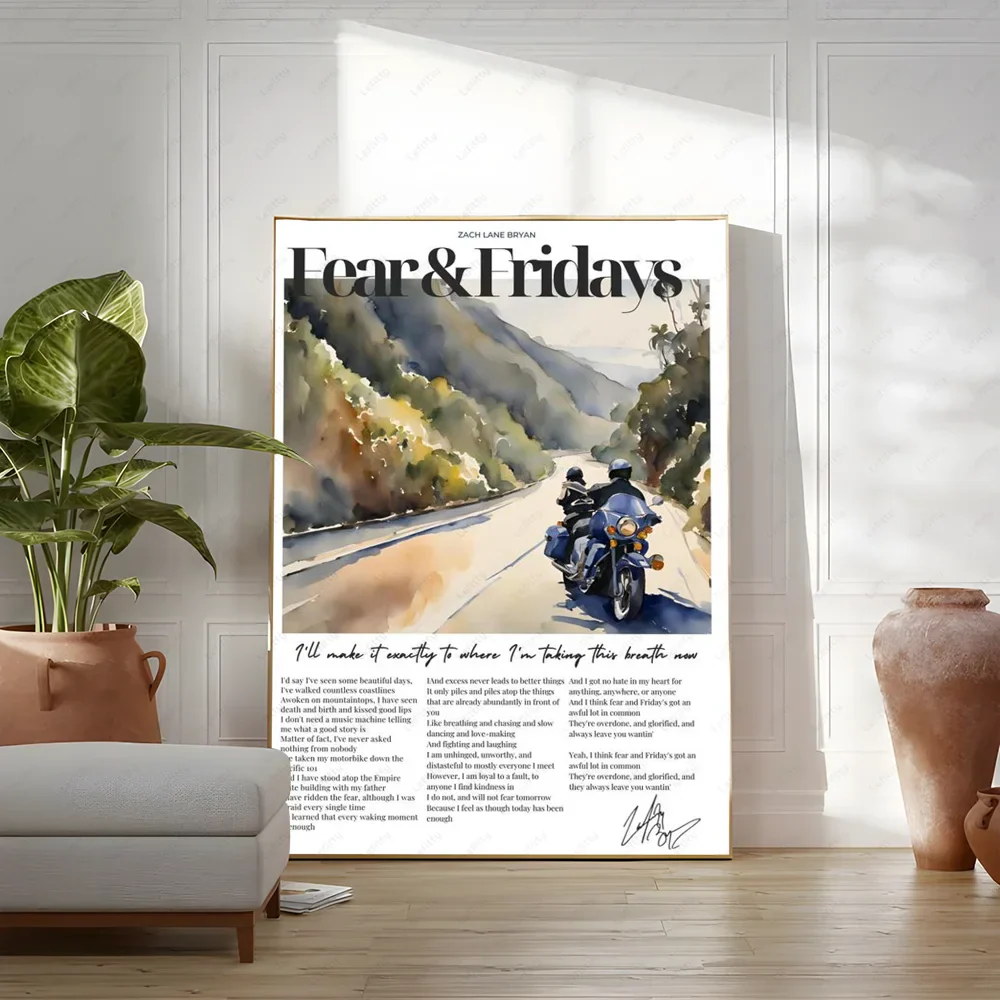 Framed zach bryan poster with watercolor motorcyclists for hip hop rapper music album wall art decoration gift