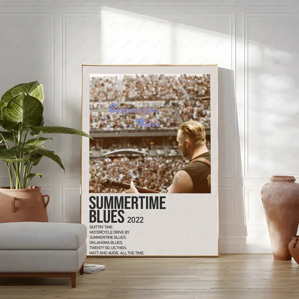 A framed zach bryan poster featuring a hip hop rapper music album with summertime blues 2022 lyrics on white background