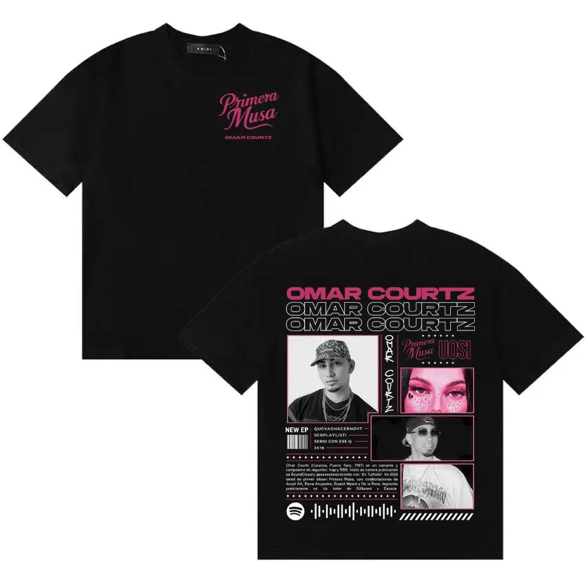 Black cotton y2k crewneck t-shirt featuring rapper omar courtz with bold pink white graphic and promotional ep details