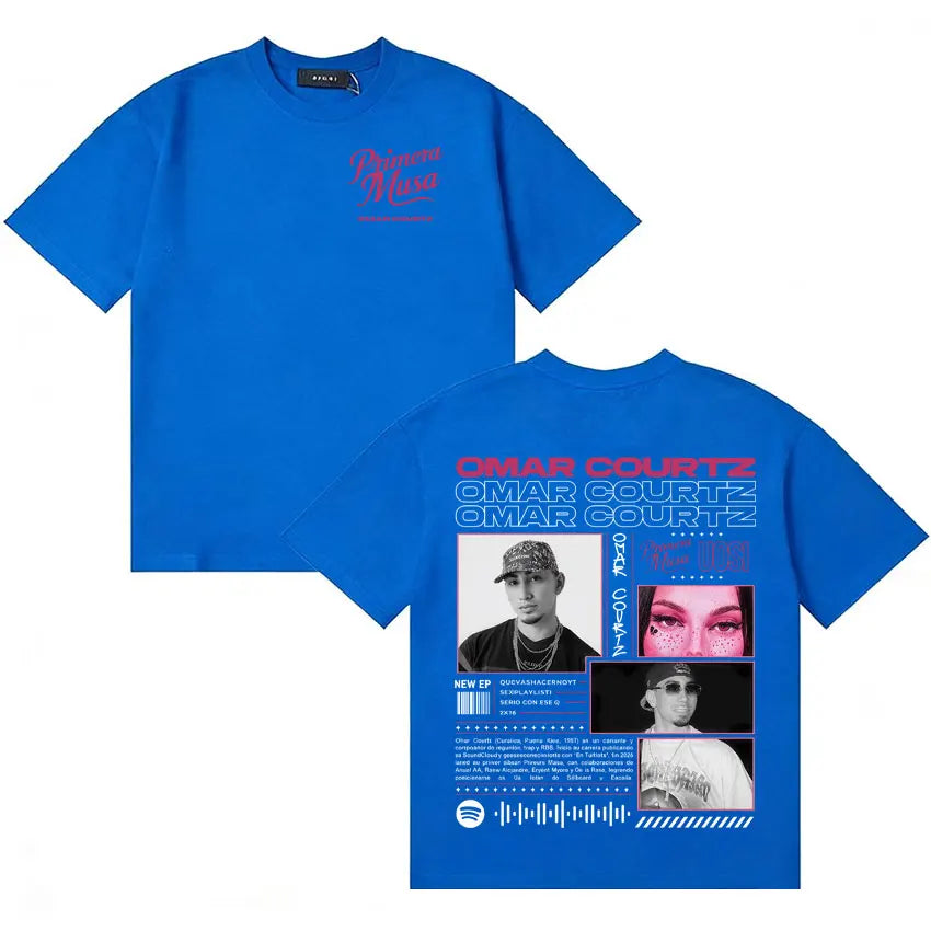 Bright blue cotton y2k crewneck t-shirt featuring rapper omar courtz graphic print with musa ousi y2k design
