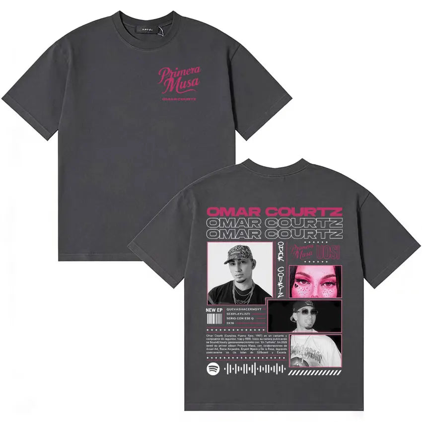 Dark gray short-sleeved y2k crewneck t-shirt with bold rapper omar courtz graphic print and musa ousi y2k spotify branding