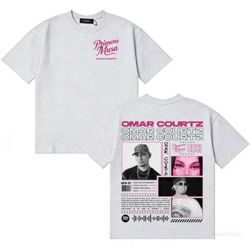 Light gray y2k crewneck t-shirt featuring rapper omar courtz graphic print from musa ousi y2k collection