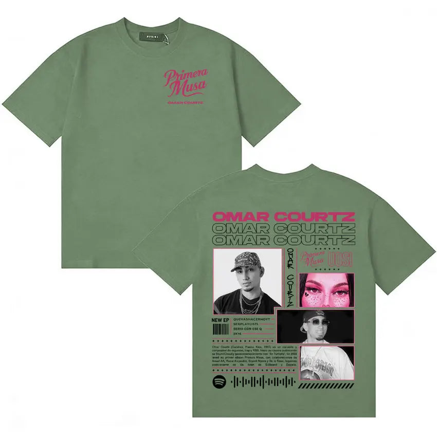 Olive green short-sleeved t-shirt with rapper omar courtz graphic print for musa ousi y2k y2k crewneck style