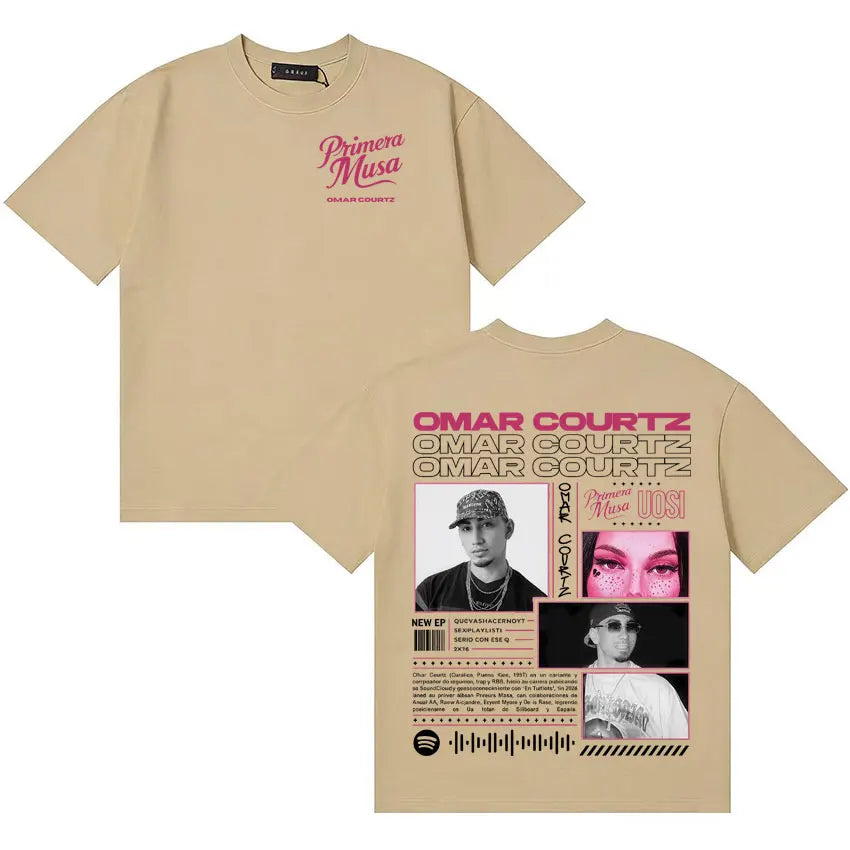 Beige short-sleeved y2k crewneck t-shirt with rapper omar courtz graphic and musa ousi y2k text print on front