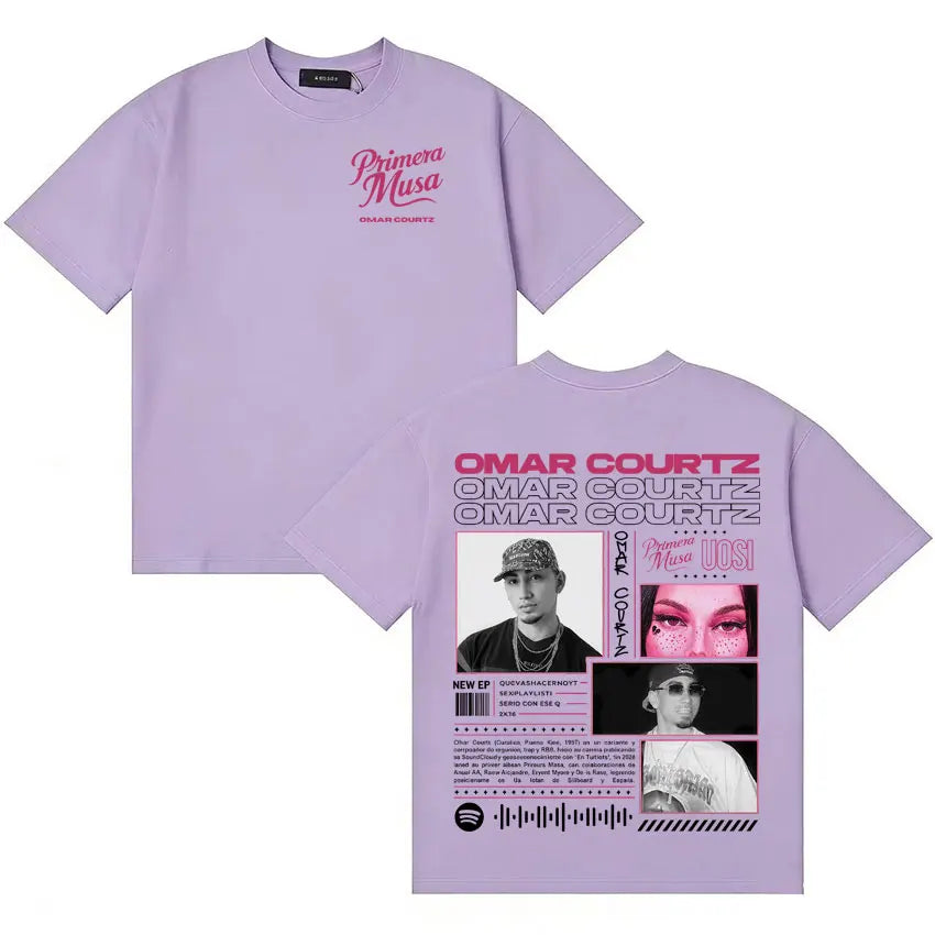 Lavender graphic tee with pink black text photos and spotify logo featuring rapper omar courtz musa ousi y2k crewneck design