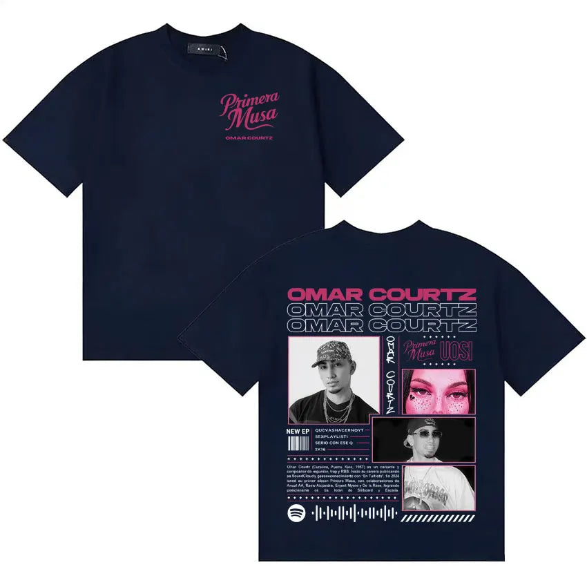 Navy blue y2k crewneck t-shirt with pink and white graphic design featuring rapper Omar Courtz and musa ousi y2k album details