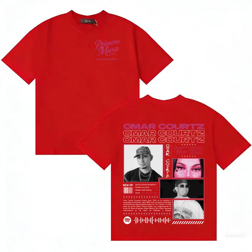 Red cotton hip hop rapper Omar Courtz musa ousi y2k crewneck t-shirt with bold graphic print and spotify branding