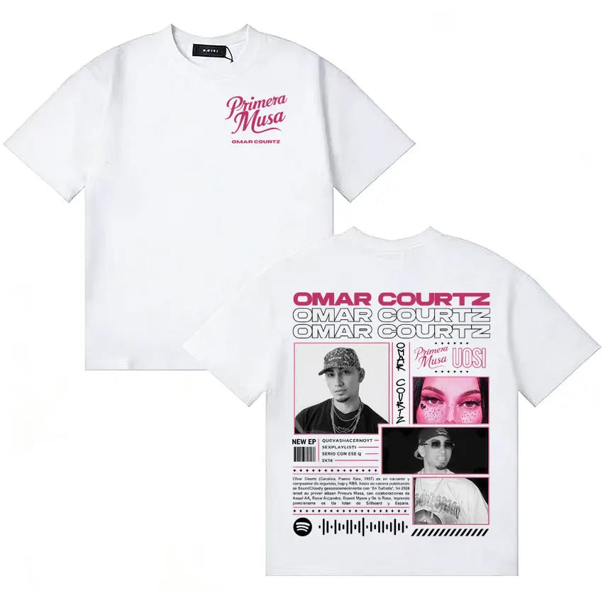 White cotton t-shirt with pink rapper omar courtz primaria musa y2k crewneck graphic print for casual wear