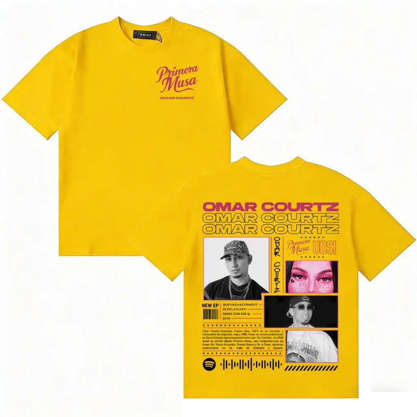 Bright yellow short-sleeved y2k crewneck t-shirt featuring rapper omar courtz graphic print for summer wear