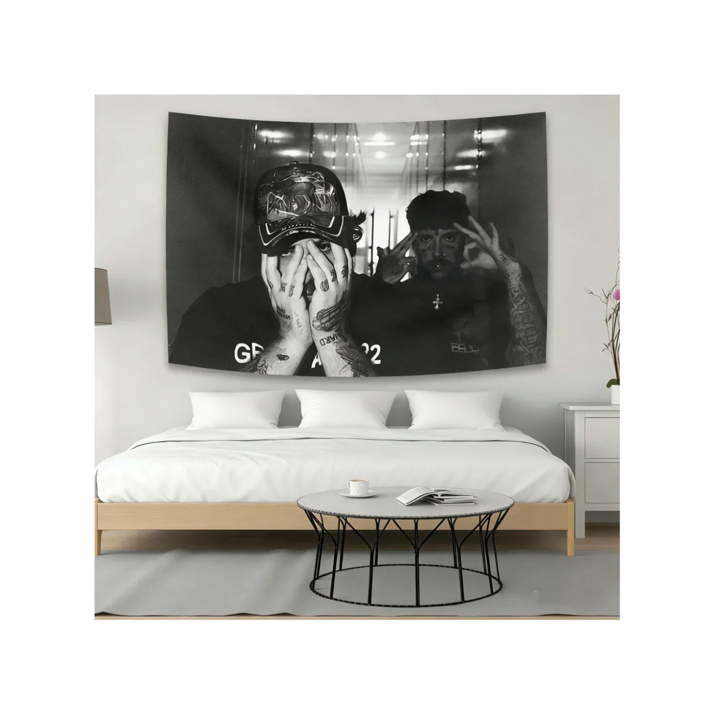 Black and white rapper poster tapestry featuring two tattooed individuals in a hallway for dark style home decor