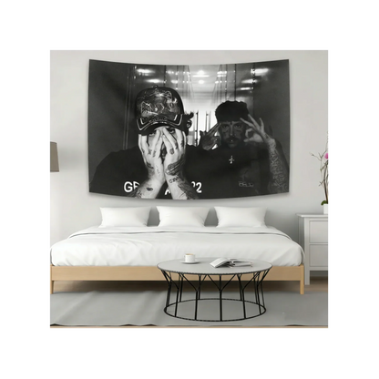 Black and white rapper poster tapestry featuring two tattooed individuals in a hallway for dark style home decor