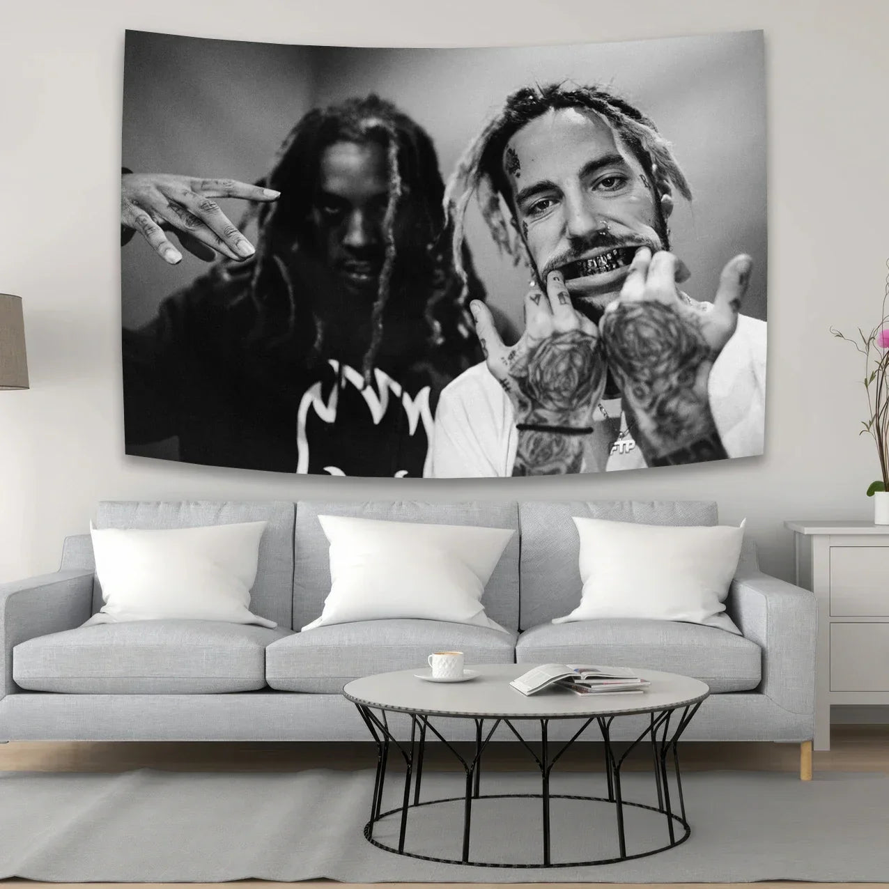 Black and white rapper poster tapestry featuring tattooed individuals with dreadlocks for dark style home decor