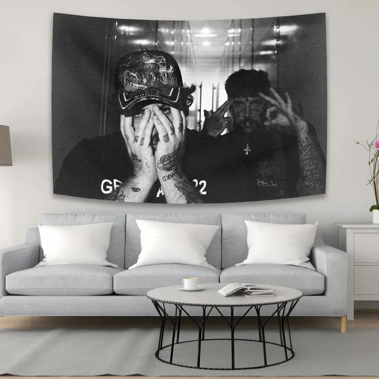 Black and white rapper poster tapestry featuring tattooed men with cap in tapestry aesthetic dark style home decor