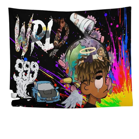 Vibrant hop rapper tapestry with juice wrld street cartoon characters and bold colors for rap music poster wall decor