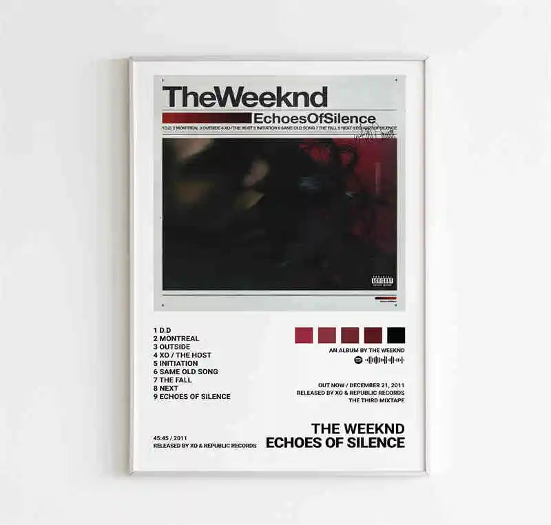 A minimalist framed poster of weeknd music album echoes of silence with dark image and white text for room bar wall decor