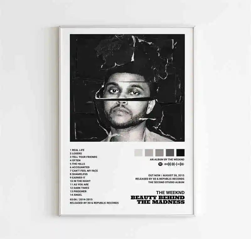 Black-and-white framed weeknd music album poster with distressed portrait and tracklist starboy covers canvas for room bar wall
