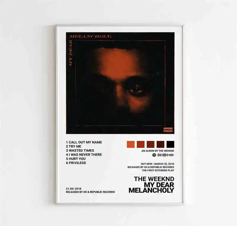 White-framed poster featuring weeknd music album my dear melancholy with dark portrait and orange lighting for room bar wall decor