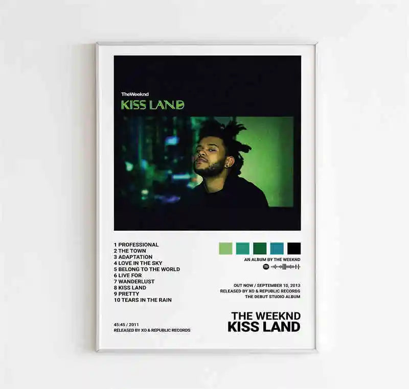 A framed starboy covers canvas print of the weeknd music album kiss land with green portrait for room bar wall decor
